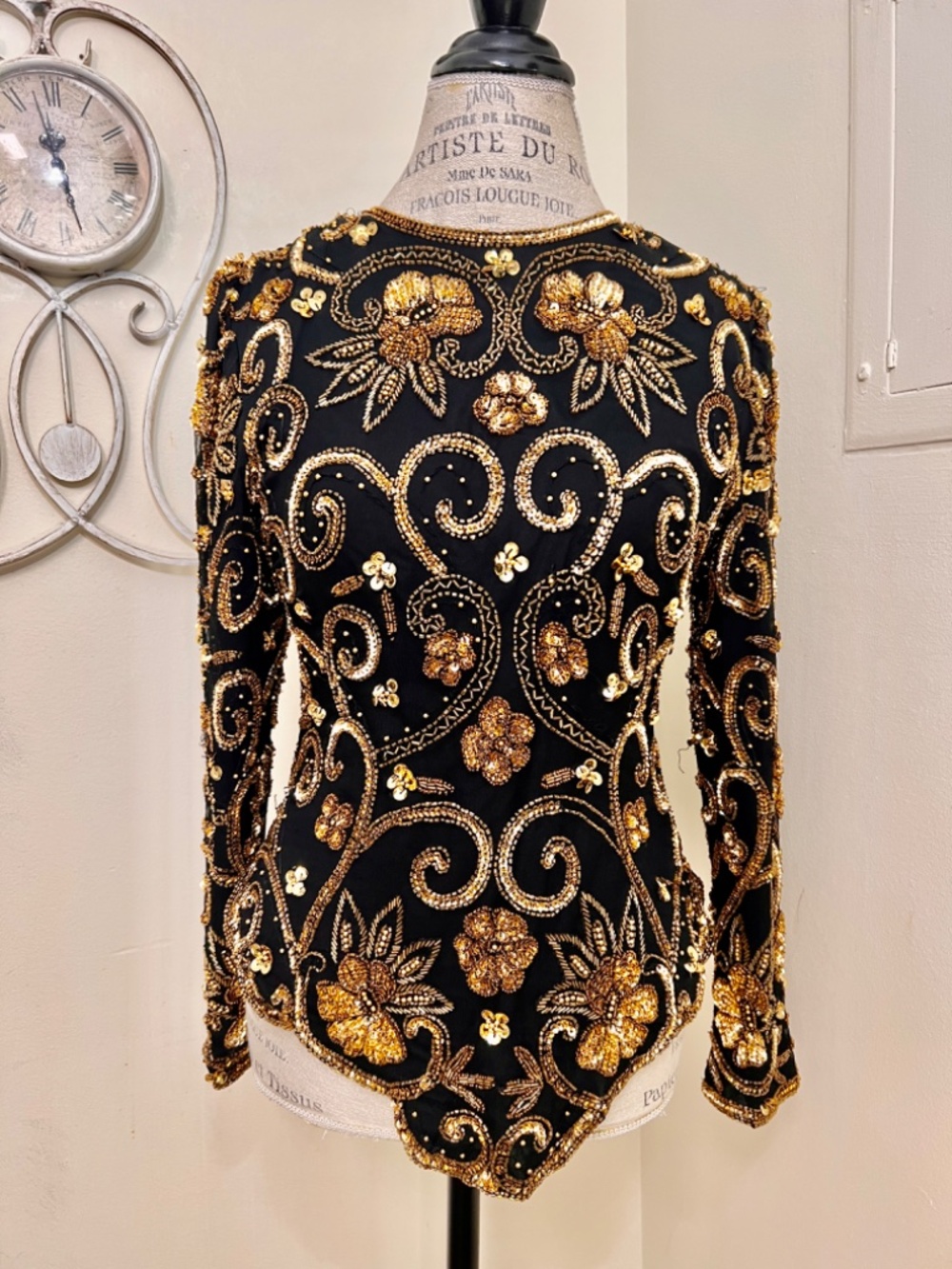 Laurence Kazar Vintage Golden Beaded Long Sleeve Top-perfect for coming holidays